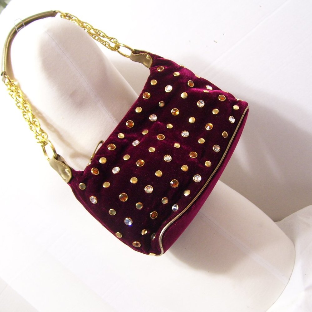 Fashion Handbag Wine Velvet with Bling Stone Accents  NWOT